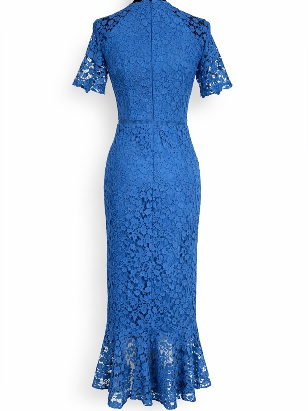 Shoshanna Blue Lace Midi Dress Size 0 Floral Crochet Fitted Ruffle Hem - Picture 3 of 15
